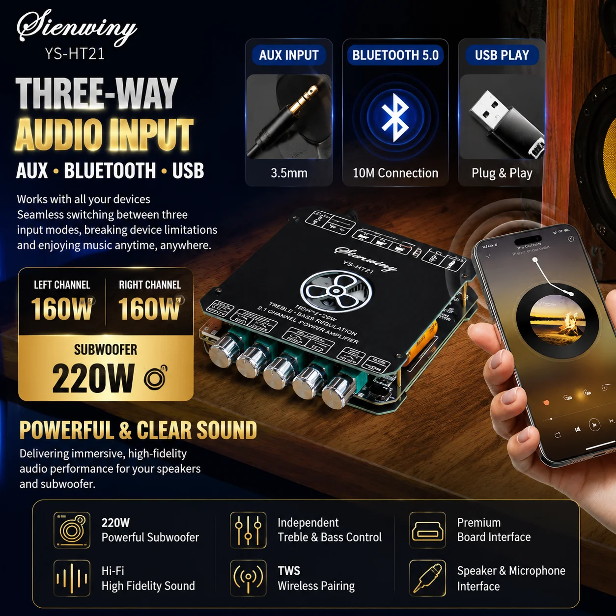 160Wx2+220W Subwoofer HT21 2.1CH Bluetooth 5.1 Leistungsverstärker-Platine TWS Kabelloses HiFi-Stereo KTV APA320
