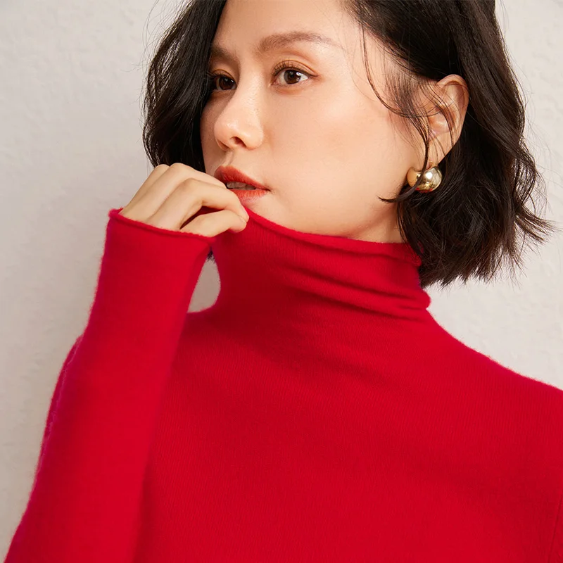 

Ladies' 100% Pure Cashmere Sweater Casual Solid Knitted High Neck Pullover Loose Top Warm Basic Blouse Pile Collar Jumper