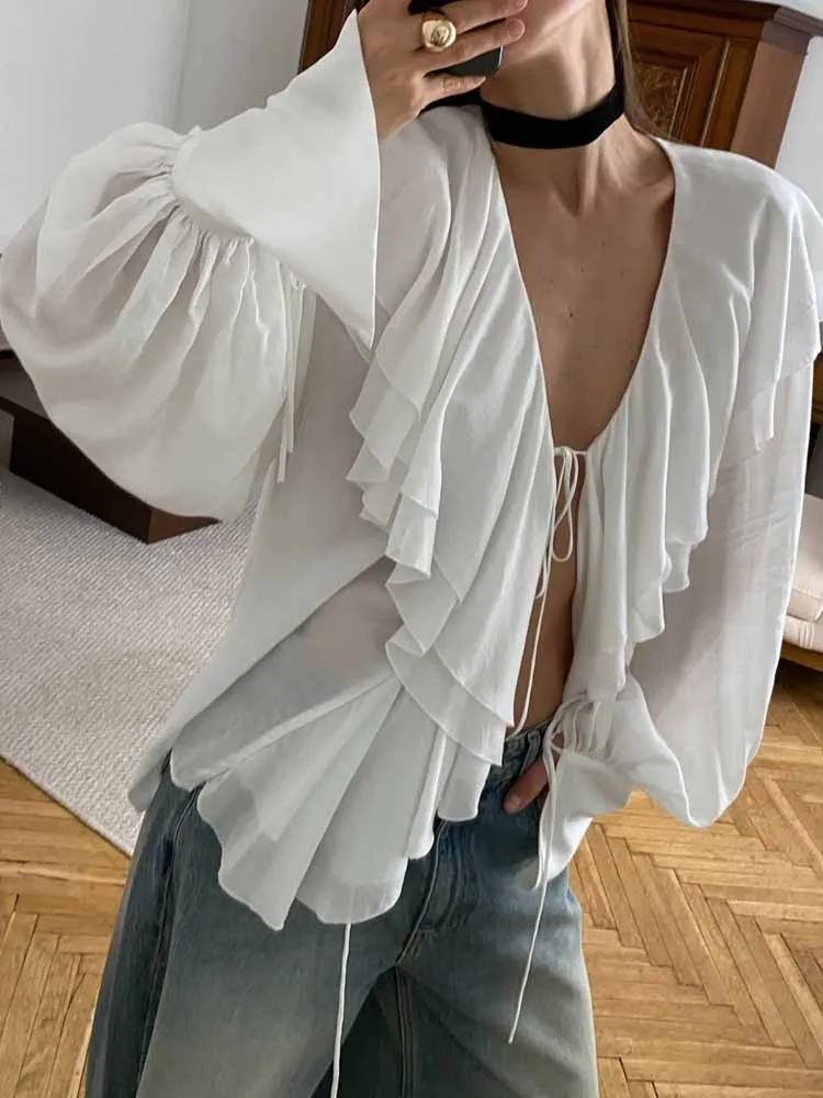 

MCDV Elegant Classic Ruffle Loose Shirt Women's Lace Up Chiffon V Neck Long Sleeve Sheer Casual Blouse 2025 Autumn Chic Tops