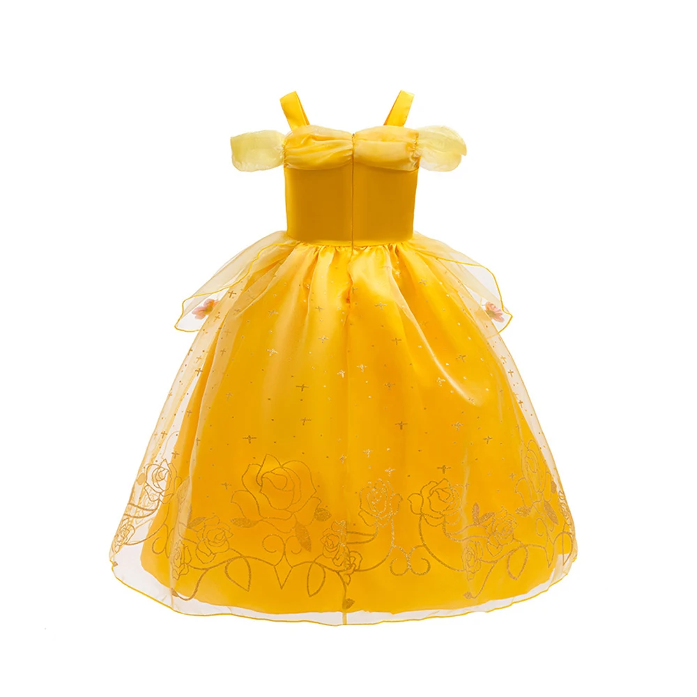 Girl Belle Dress Sleeveless Floral Children Party Princess Costume Kids Beauty and The Beast Halloween Carnival Yellow Outfits