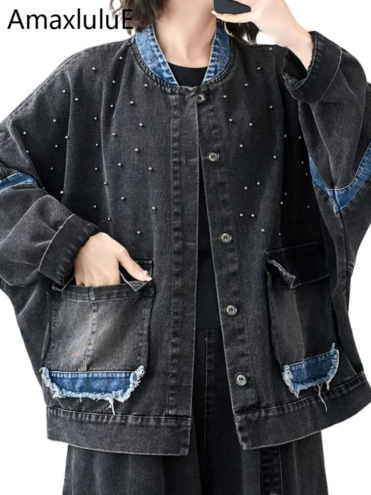 

Amax LuluE Spring Korean Vintage Punk Jackets Womens Classic Fashion Patchwork Coats Females Oversized Leisure Rivet Outerwear