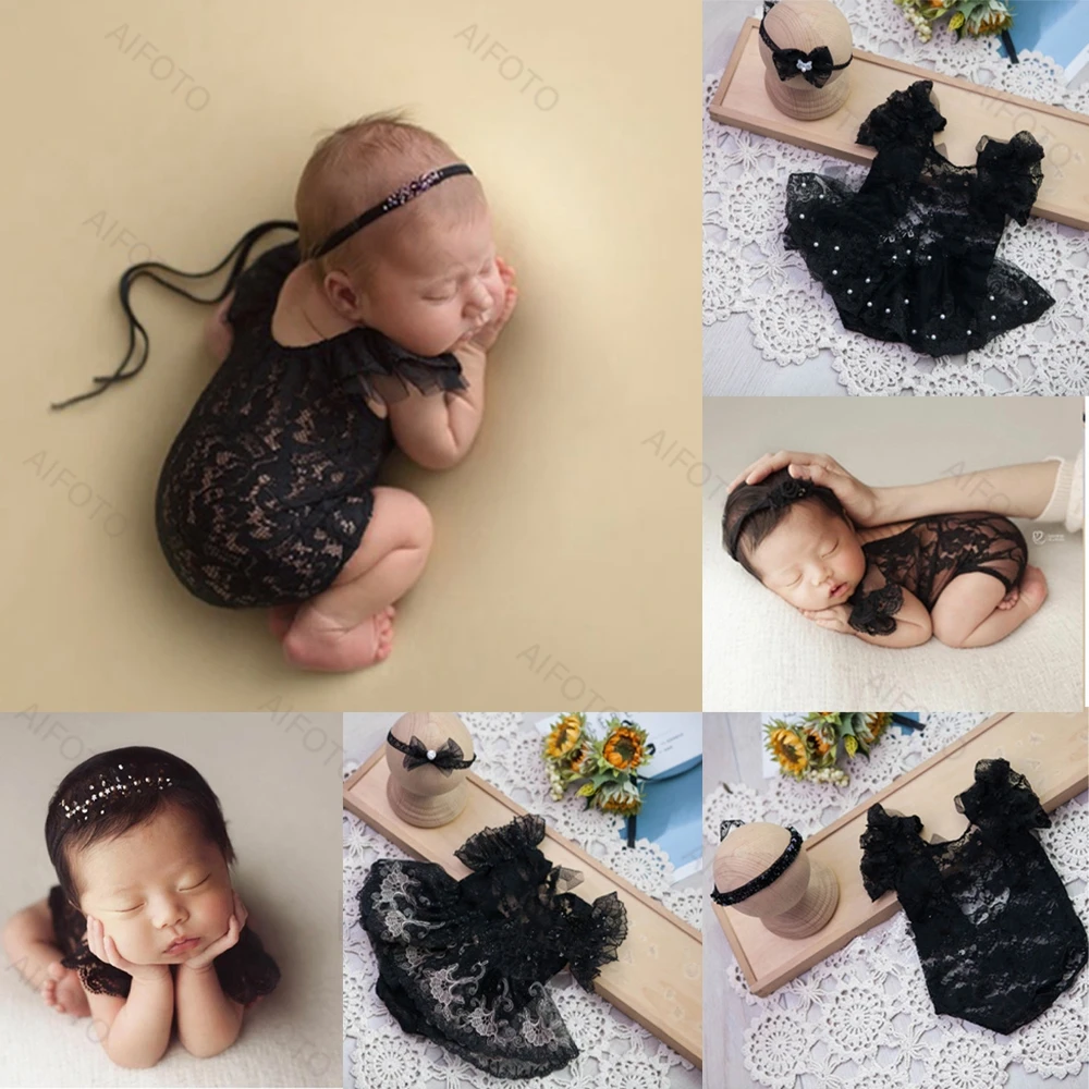 Newborn fotografia adereços vestidos da menina laço preto bandana conjunto de roupas bodysuits macacão para o bebê photo shoot studio acessórios
