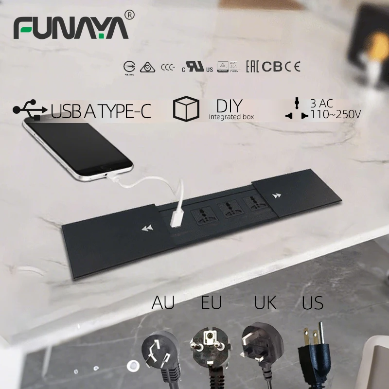 

Universal Embedded Socket with USB Type-c Slide Cover Desktop EU AU US UK Multi Plug Cabinet Hidden Recessed Desk power Sockets