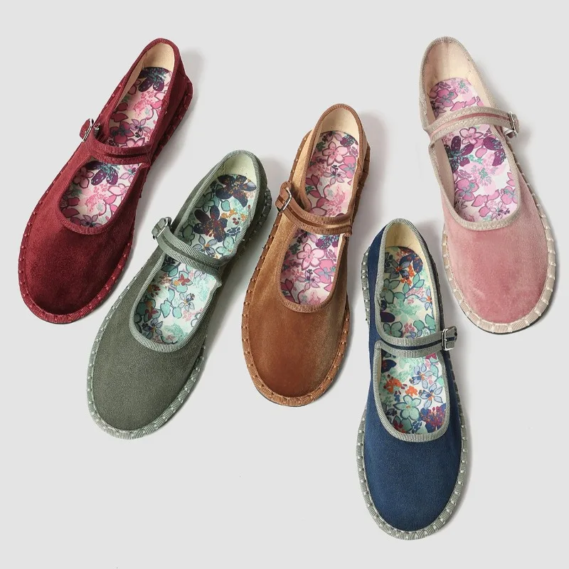 Sweet Floral Pattern Ballet Flats Novelty Stitching Buckle Design Velvet Mary Jane Shoes Light Soft Sole Comfortable Women Shoes