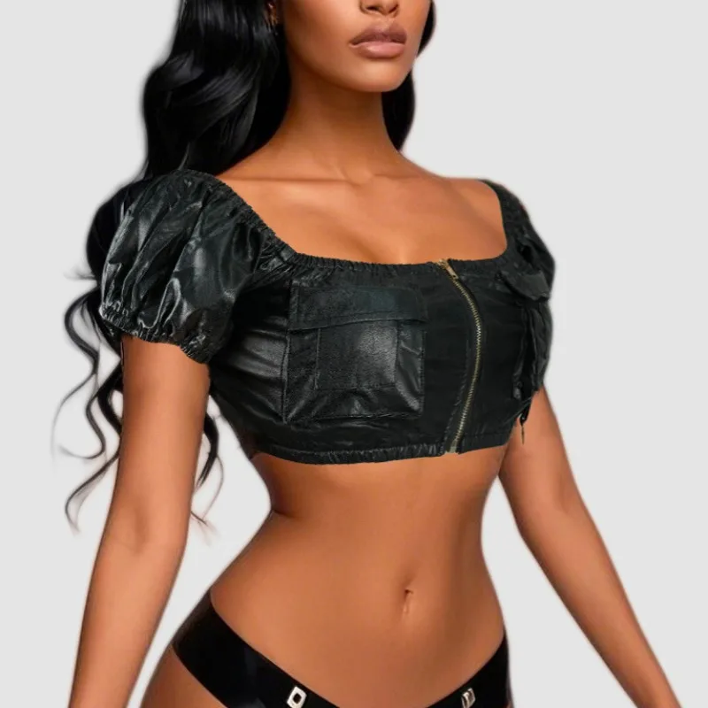 2025 신상 여성 섹시 오프숄더 튜브탑 - 블랙 PU 가죽 슬림 크롭 블라우스
