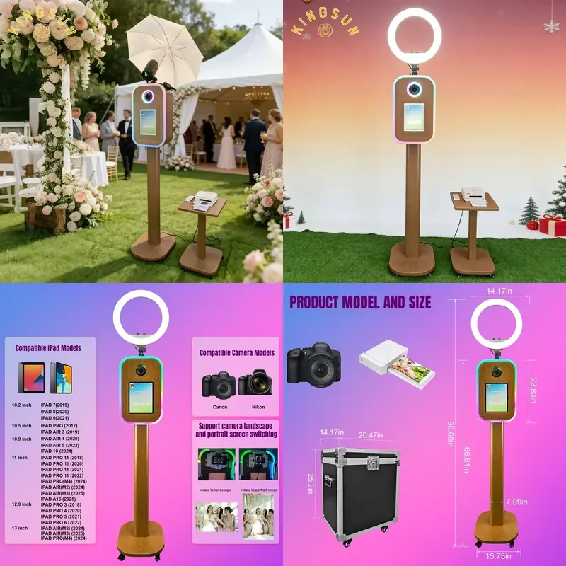 AP01 Vintage Style Quick Setup Aluminum Retro Wooden Grain Photobooth for iPad DSLR Selfie Photo Booth