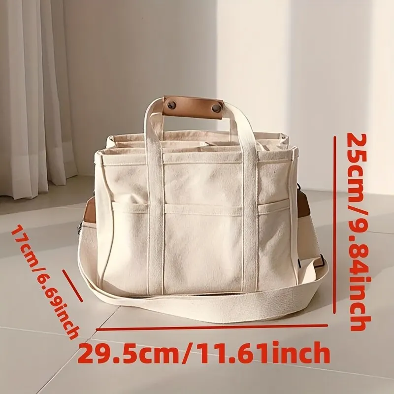 Women\'s Casual Canvas Handbag Multi-pocket Large Capacity Tote Bag Adjustable Shoulder Strap Casual Shoulder Shopper Bag Female