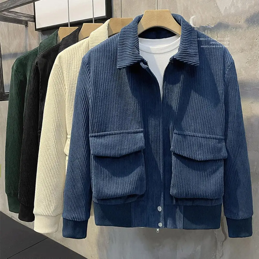 

Solid Color Men Jacket Stylish Men's Corduroy Jacket with Lapel Collar Full Zipper Closure Outerwear for Fall Winter Fashion Men