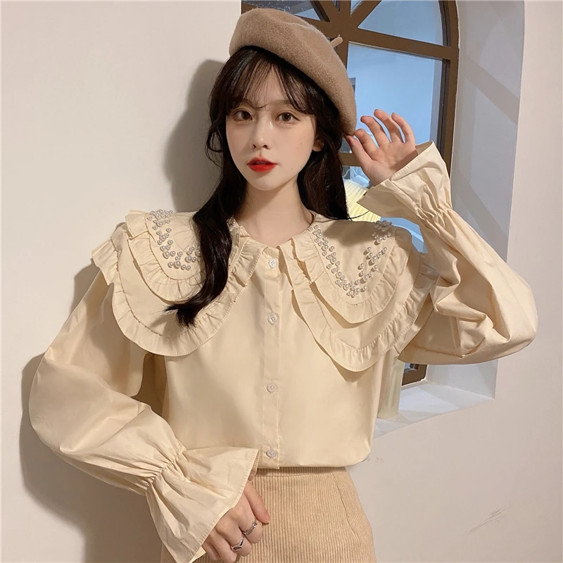 Ruffled Doll Collar Solid Simple Shirt Female 2023 Autumn Korean Chic Long Sleeve Top Design Niche French Style  match Blouse