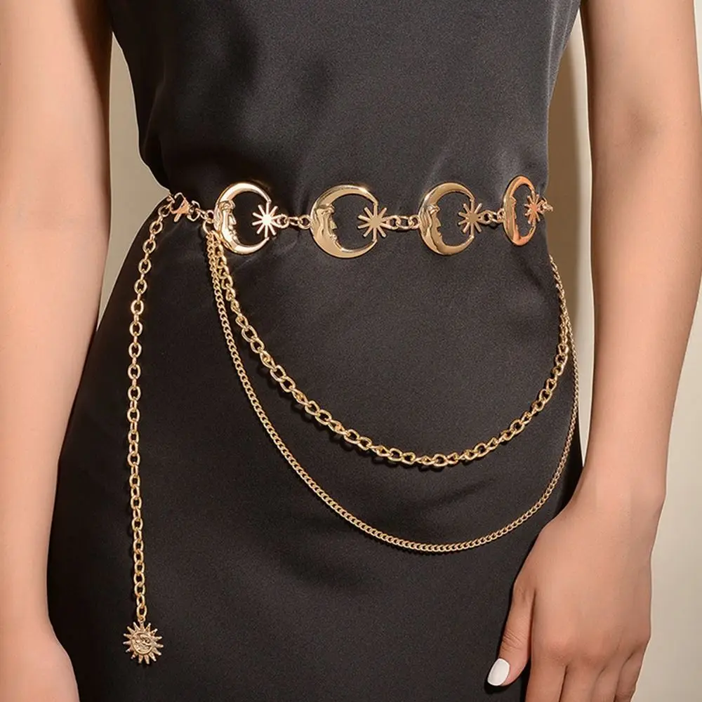 

Fashion Vintage Metal Moon Star Waistband Dress Cummerbands Punk Waist Chain Womans Layered Belt