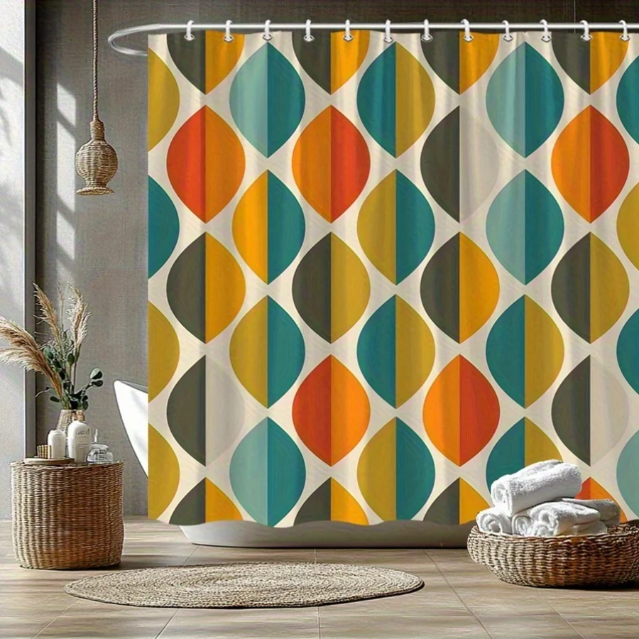 1pc Retro Geometric Leaf Shower Curtain - Mid-Century Modern Design in Teal, Orange, and Yellow, Washable Polyester Fabric, Fash
