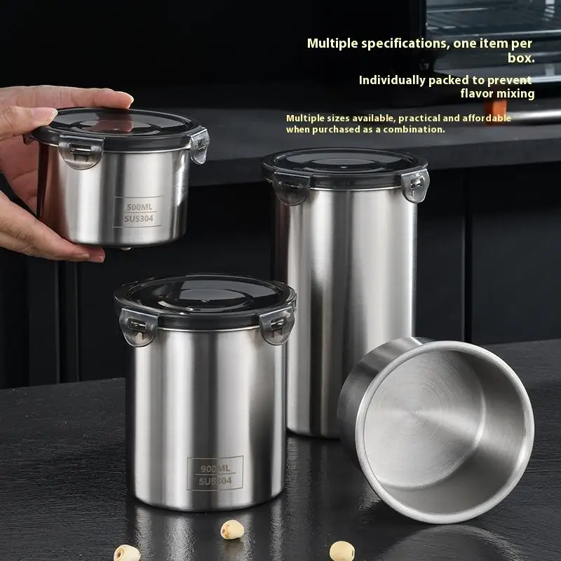 1pc Storage Jars 500/900/1400ml Stainless Steel Sealed Container Jar Kitchen Barrel Organizer For Fresh Grain Vegetable Coffee