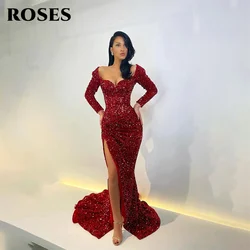 ROSES Sequin Red Prom Dresses Exquisite Full Sleeves Mermaid Party Dresses Side Split Evening Gown Sweetheart  فساتين مناسبة رسم