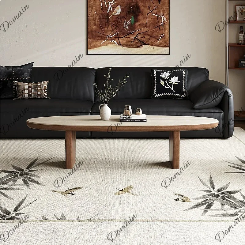 81 N Mid-Century Modern Solid Wood Oval Slab Stone Coffee Table Wabi-Sabi Designer Low Side Table