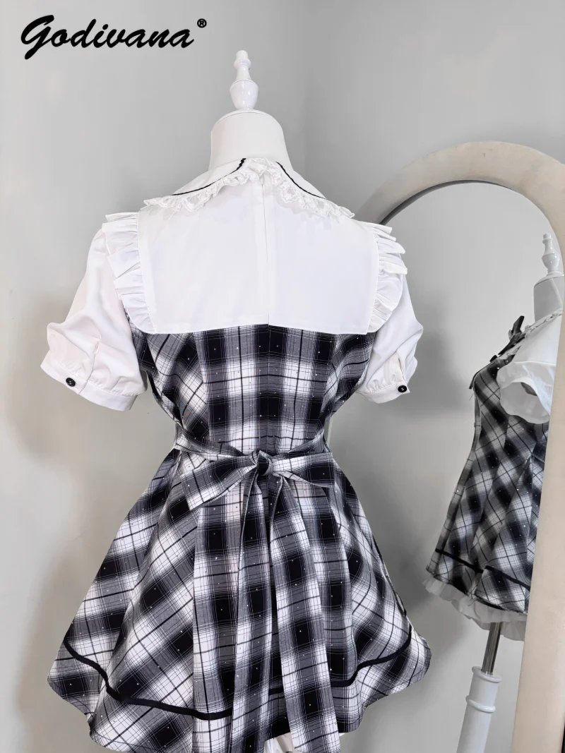 Original Spring and Summer Women's Lolita Shorts Set Sweet Girls Short Sleeve Hot Drilled Plaid Shirt Top + Short 2 Peice Suits