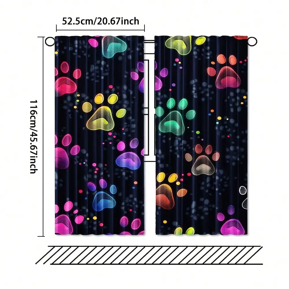 2pcs Contemporary Cartoon Paw Print Semi-Transparent Curtains, 100% Woven Rod Pocket Drapes For Bedroom, Machine Washable