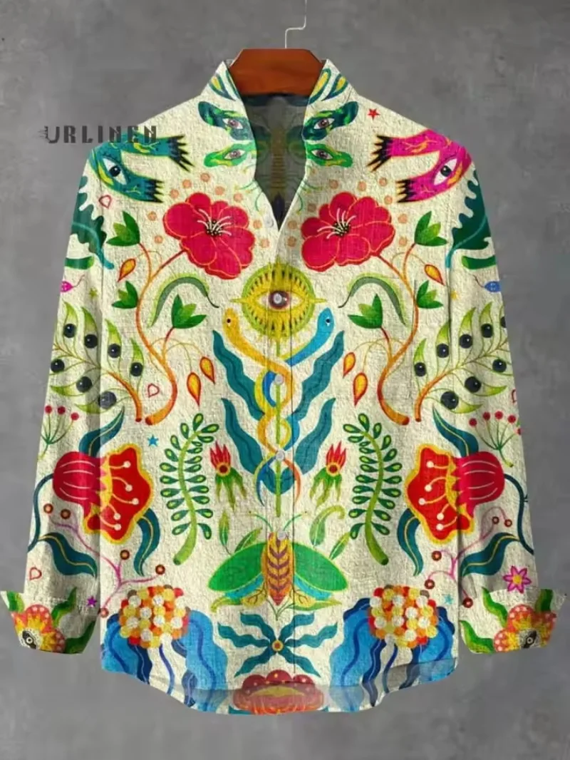 New Summer Men's Flower Printed Pattern Long Sleeve Linen Shirt, Multiple Styles, Fashionable and Versatile, Loose Leisure Vacat