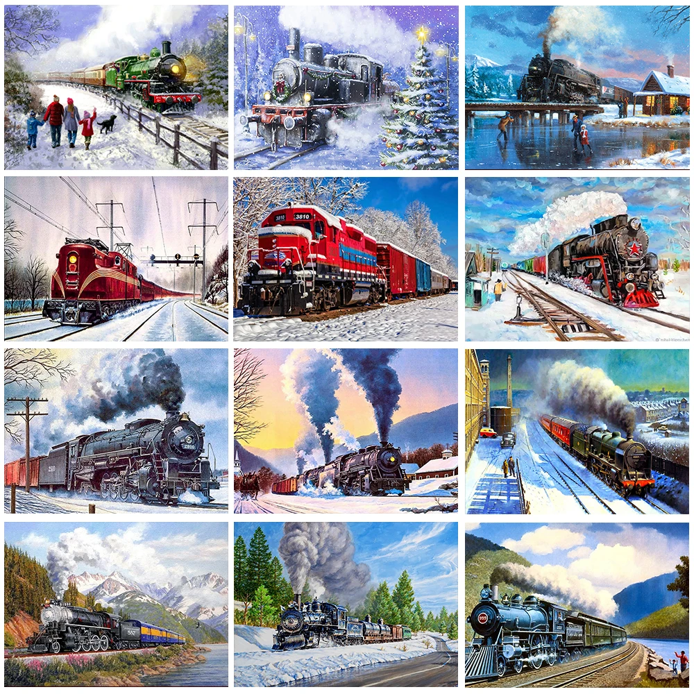 Treno mosaico pittura diamante arte punto croce bella scena di neve naturale fai da te diamante pieno ricamo decorazione