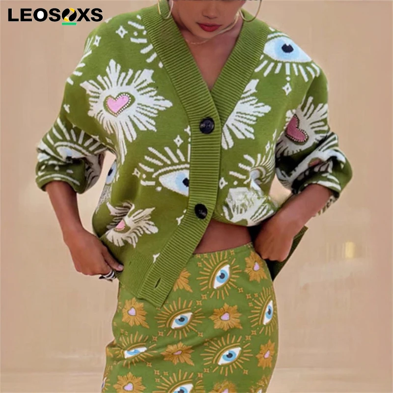 Suéter con estampado geométrico Vintage para Mujer, cárdigan elegante con una hilera de botones y cuello en V, Top de punto holgado de manga larga para Mujer