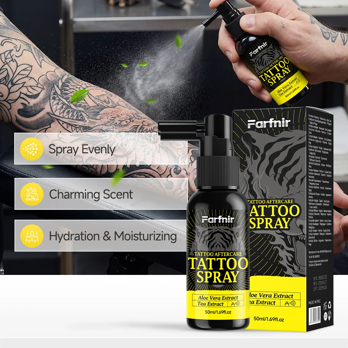 TATTOO SPRAY is suitable for pre- and post-tattoo care, helps maintain long-lasting color, and enhances color brightness.