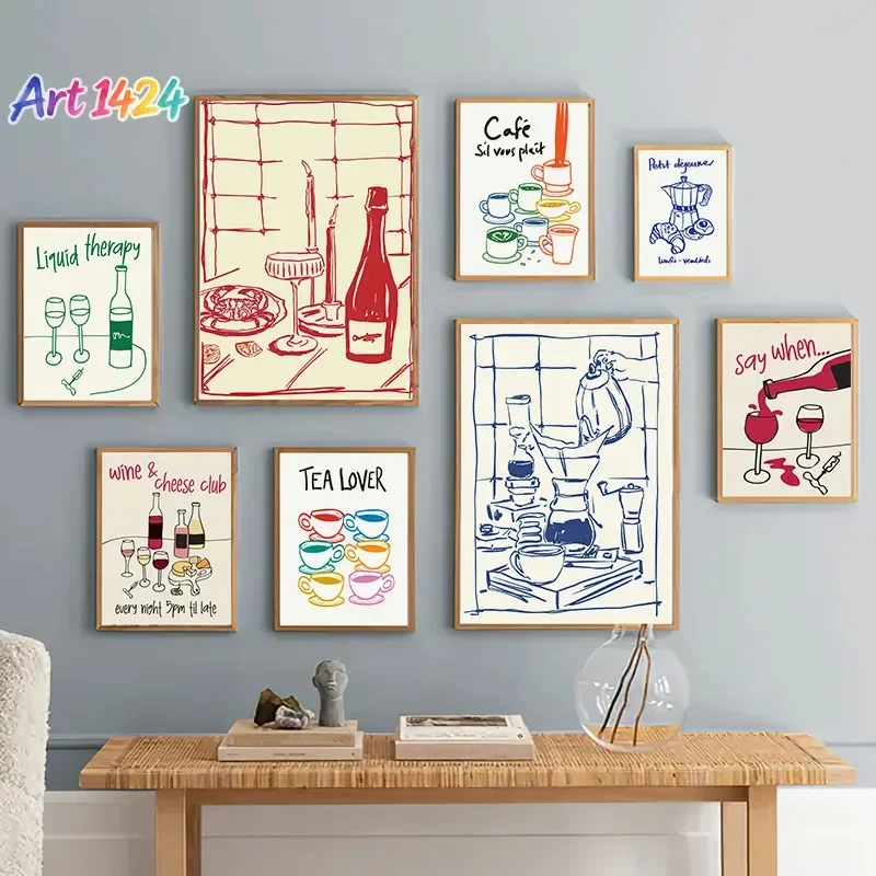 Red Hand Drawn Dining With Wine And Crab Coffee Modern Food Wall Art Canvas Painting Abstract Poster Hotel Bar For Kitchen De