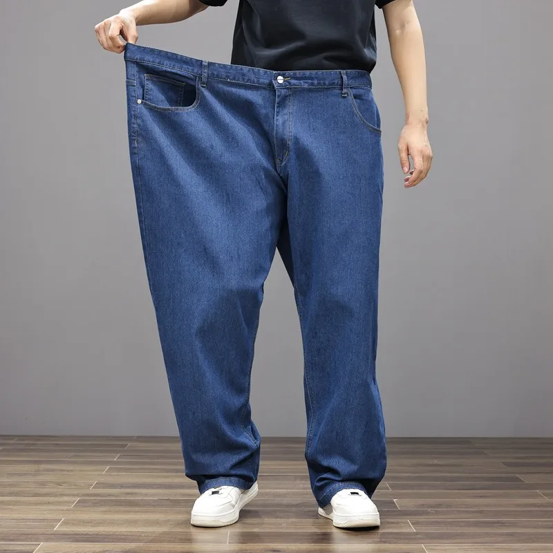 الصيف الجينز الرجال 200 كجم 8XL 7XL 6XL مستقيم رقيقة امتدت المتضخم كبير حجم كبير الدينيم السراويل الذكور مرونة الكلاسيكية السراويل