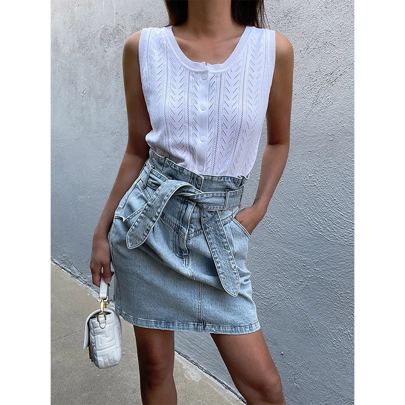 SheonDHF ins blogger style sleeveless soft white skin friendly knitted short sleeve T-shirt women vest top 21 summer tide