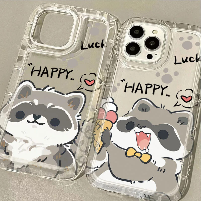 Lovely Little Raccoon Case For iPhone 16 15 14 13 12 11 Pro Max XS X XR 8 7 Plus SE 2020 Clear Silicone Printing Protective Capa