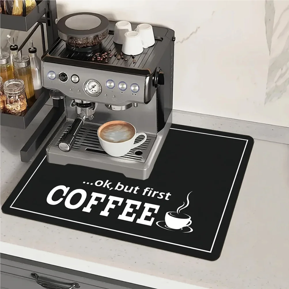 

1pc black letter Coffee printed coffee machine mat modern minimalist style kitchen counter quick water absorption drying mat