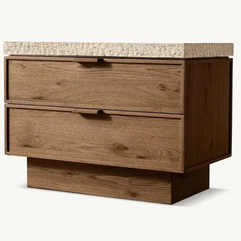 Modern Oak 2 Drawer Closed Bedside Table with Marble Wooden Bedside Table
