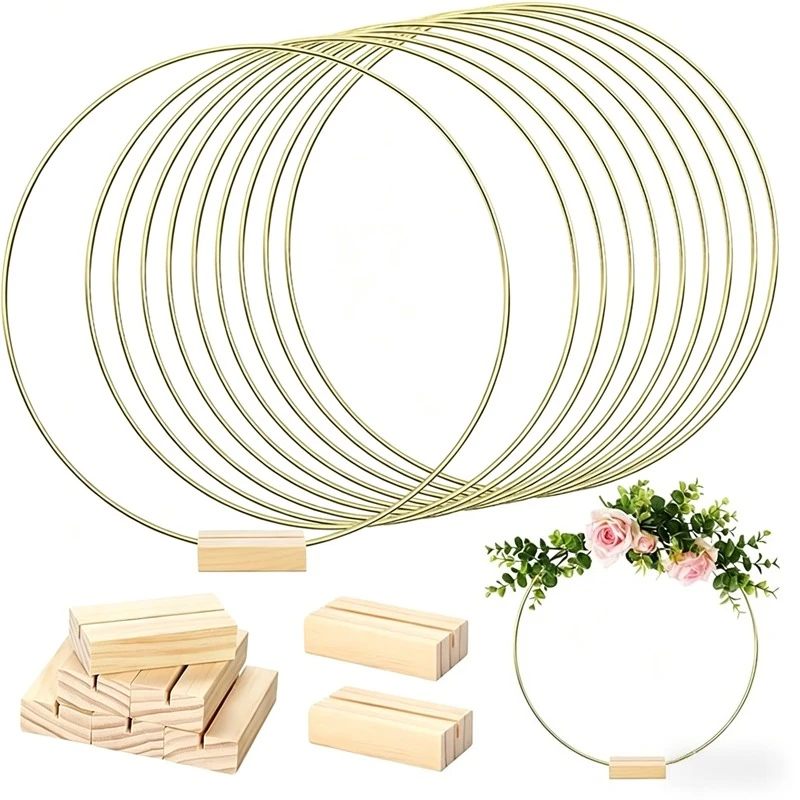 10 Aros Florales Redondos de Metal de 25 cm con Bases de Madera para Decoración de Mesa en Bodas y Fiestas, Centro de Mesa Dorado