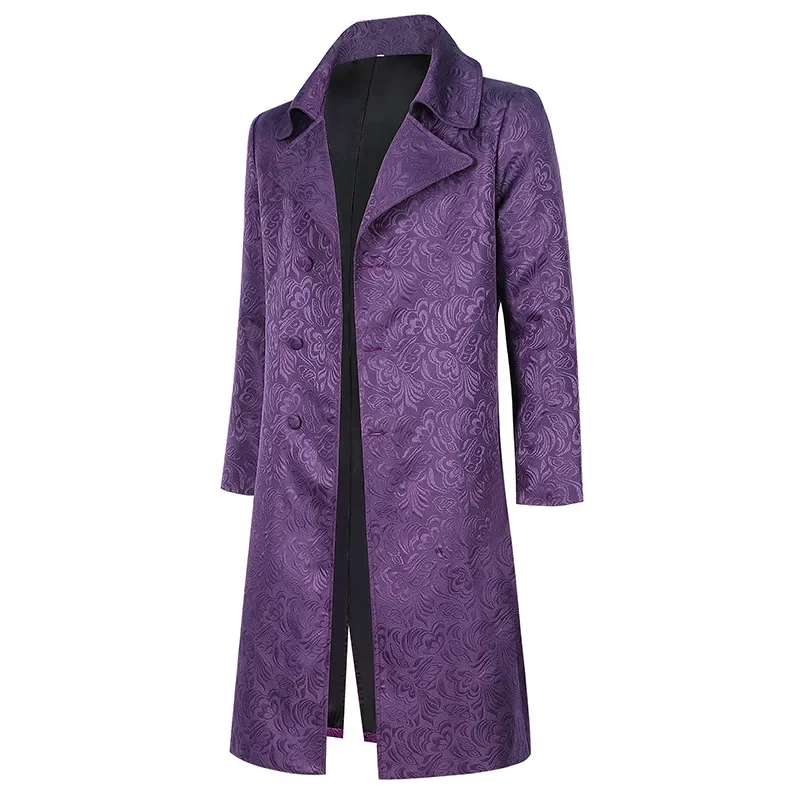 Adult Men Cosplay Costume Halloween Joker Medieval Jacket Elegant Purple Jacquard Overcoat Long Coat with Notched Collar