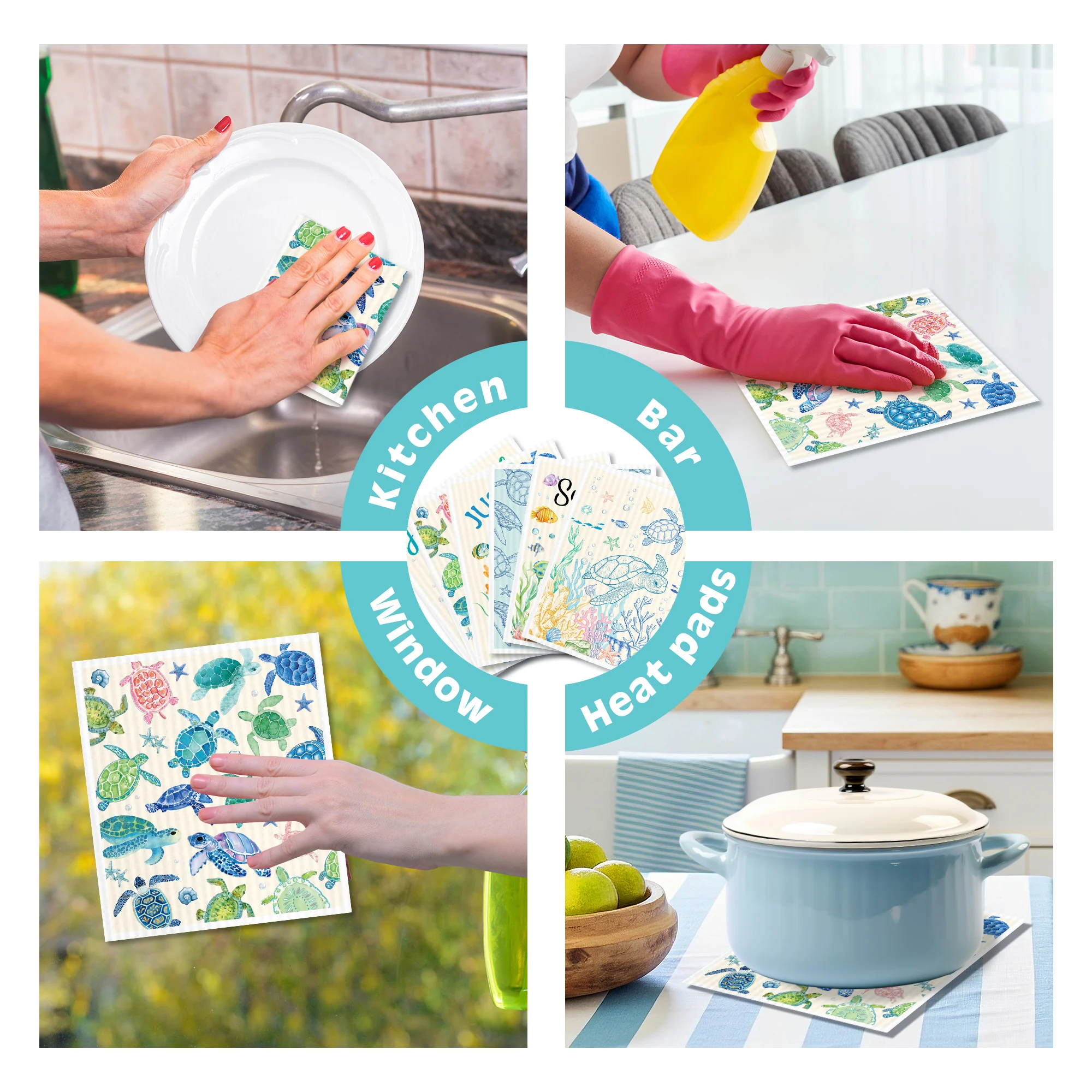 1PC Sea Turtle Ocean Print Reusable Swedish Dishcloths Wood Pulp Cotton Absorbent Kitchen Dish Rag Household Cleaning Wipes