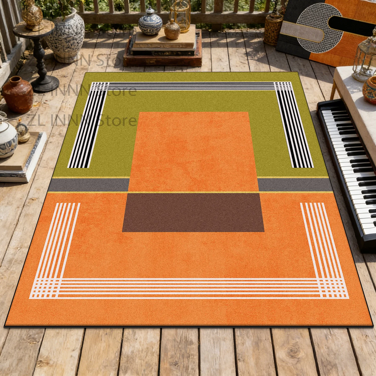 Orange Geometric Outdoor Deck Carpet Patio Decor Non-slip Fluffy Rug Home Living Room Dining Room Big Size Foot Mat Washable