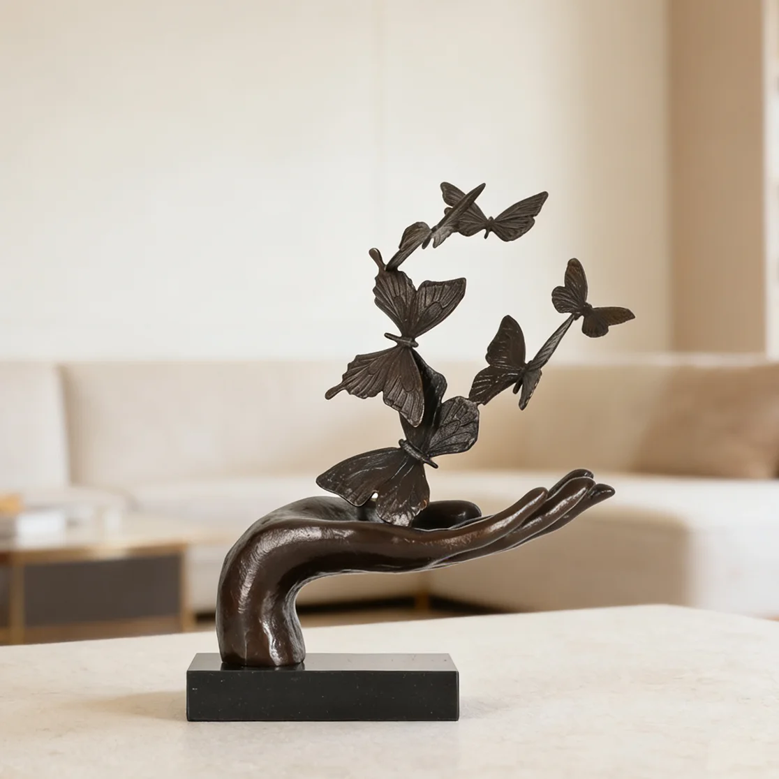 Bronze Butterflies in Hand Statue Abstract Sculpture Art Handmade Gorgeous Home Office Decoration Gift