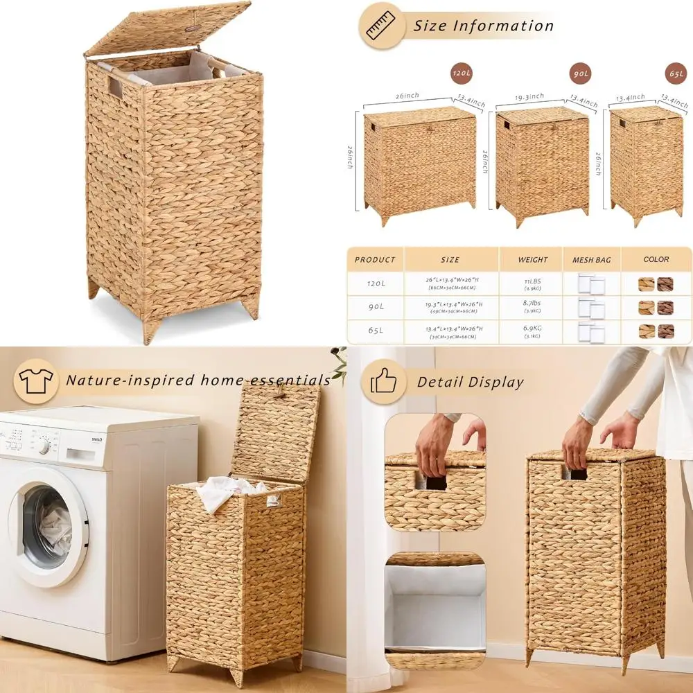 

Natural Wicker Laundry Hamper with Removable Liner and Elevated Feet for Organized Clothes Storage