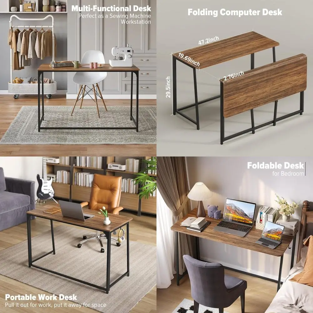 

47.2 Folding Computer Desk - Space-Saving Desk for Bedroom or Home Office, Easy Assembly, Walnut Finish