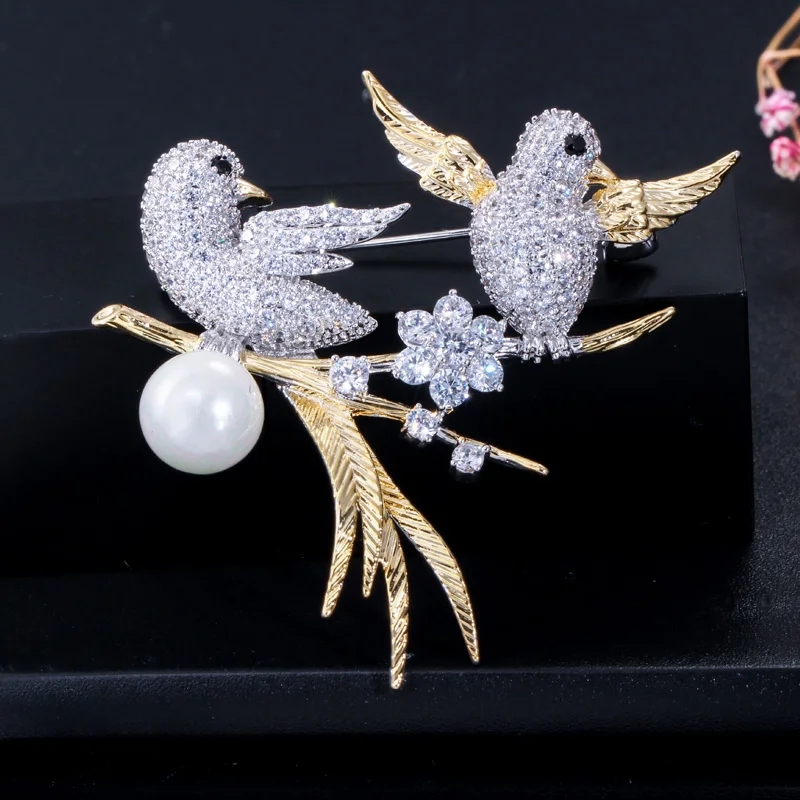 ThreeGraces Shiny Cubic Zirconia Simulated Pearl Animal Bird Shape Brooches for Women Luxury Evening Party Jewelry XZ025 image 5