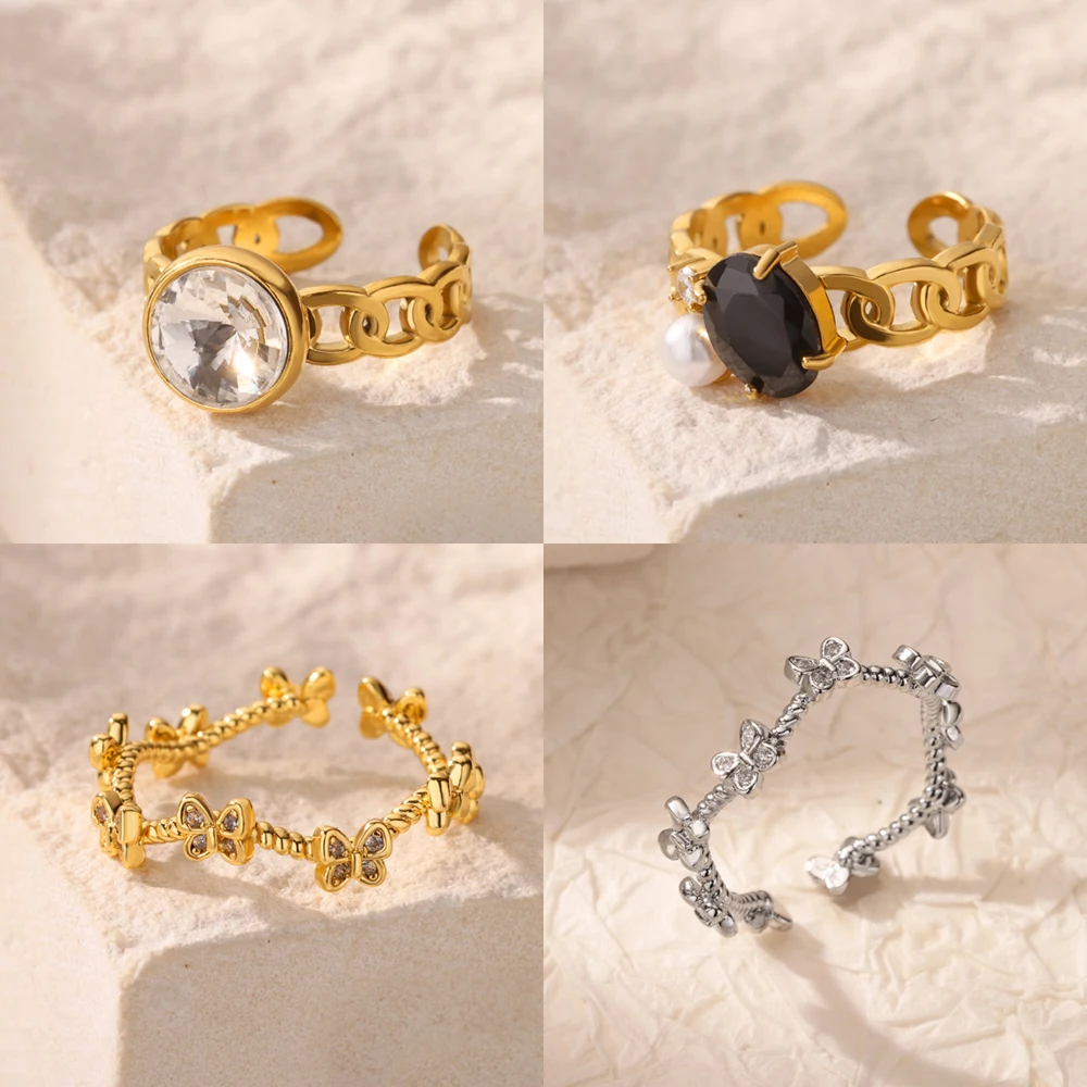 

Round Zircon Rings for Women Girls Gold Color Open Stainless Steel Ring Simple Couple Wedding Band Aesthetic Jewelry anillos