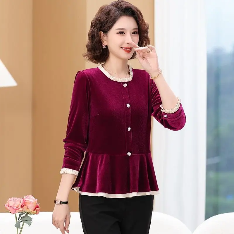 

Women's Faionable Bla Velvet Top with Stand Collar Belly Covering Base Long Sve Skin-friendly TT436