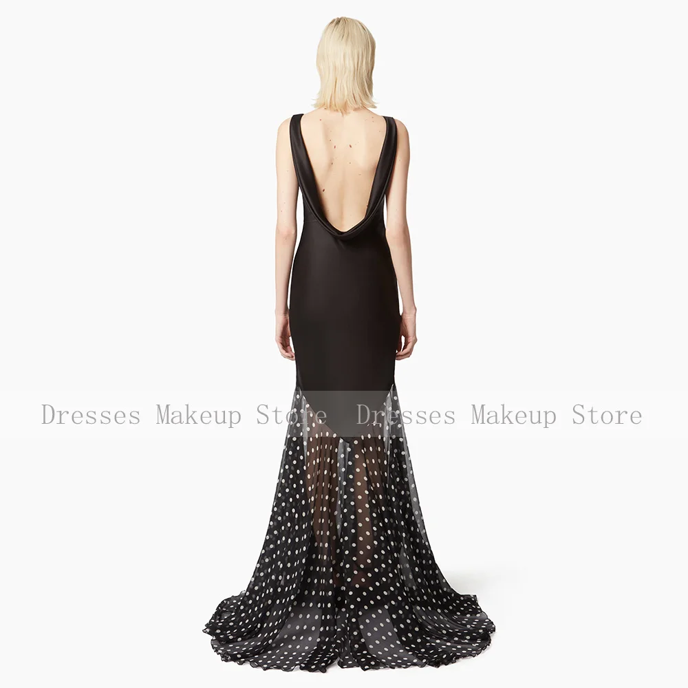 Modern Evening Dress Black Satin Dots Chiffon Backless Sexy Evening Gown Mermaid Sleeveless Trumpet Women's Formal Party Dresses