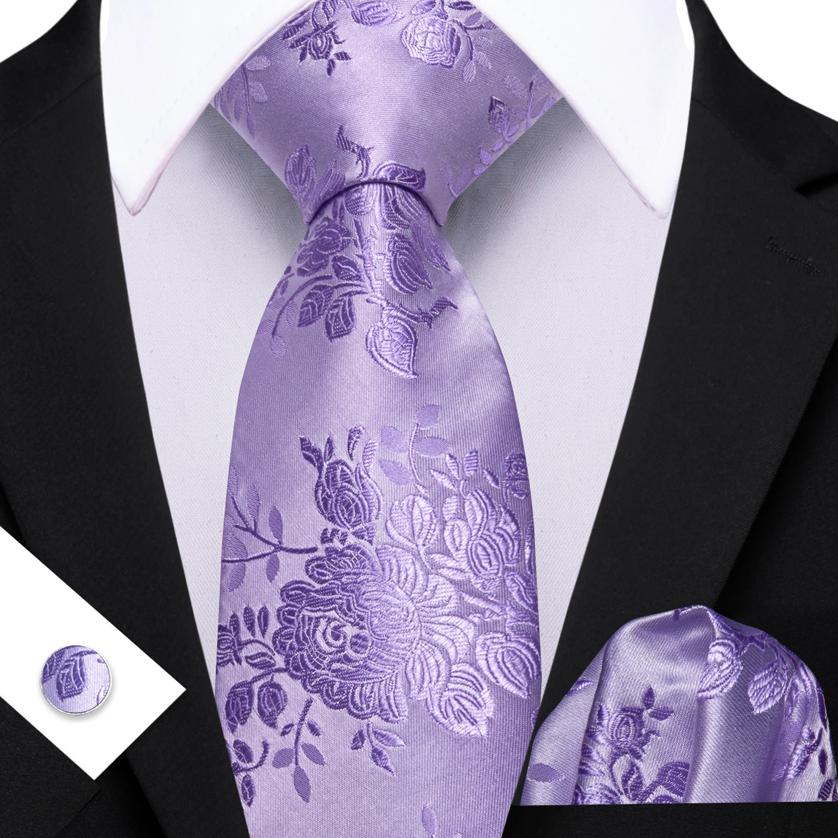 Herren-Krawatte, klassisch, lila, schwarz, grün, Blumenmuster, Jacquard, modische Krawatten, Einstecktuch, Manschettenknopf-Set, Hochzeit, Party, Event