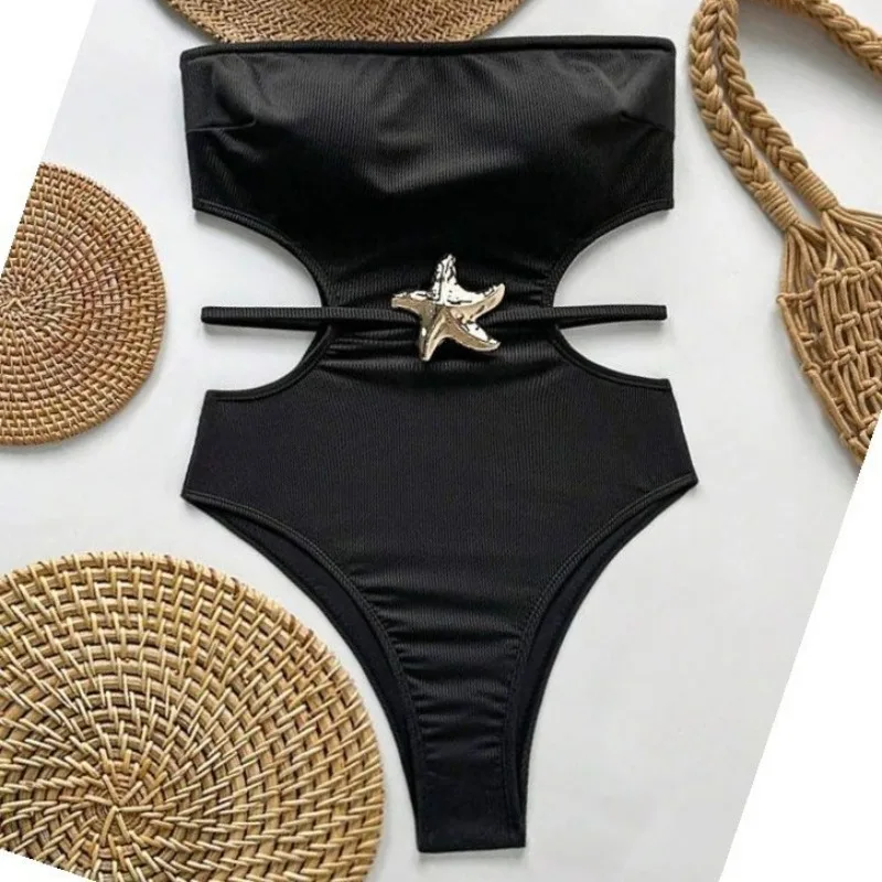 Women's Starfish Cutout One Piece Swimsuit Strapless Tummy Control Bathing Suit, High Cut Monokini for Beach Vacation