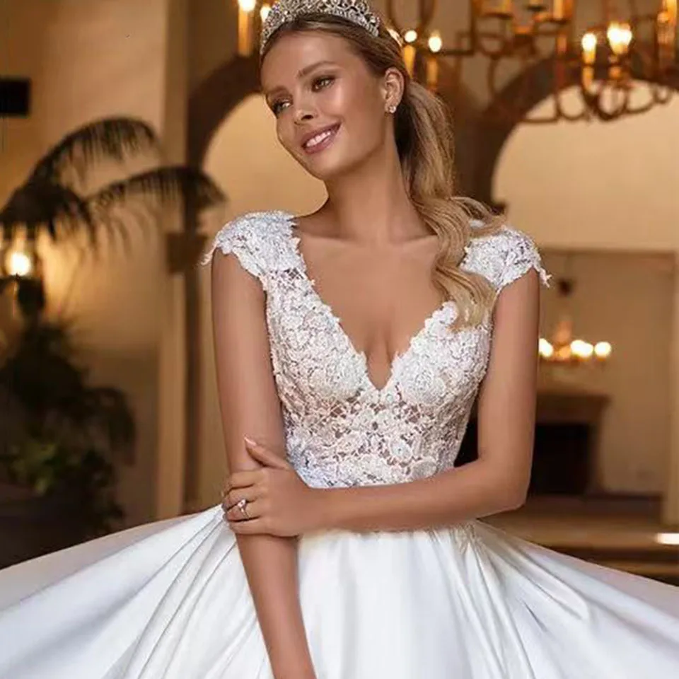 Personalizado estilo quente 2025 vestido de baile vestidos de casamento 2023 branco simples ilusão sem costas rendas até vestido de noiva elegante até o chão