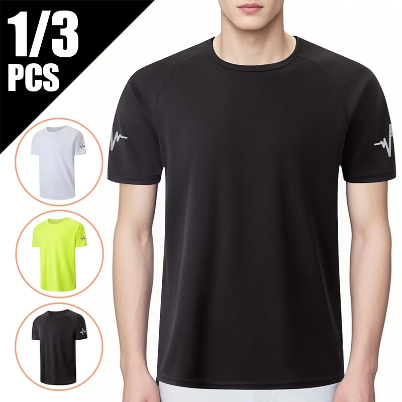 

1/3 шт., мужская летняя быстросохнущая сетчатая однотонная свободная повседневная рубашка с короткими рукавами и принтом манжет, молодежная футболка для бега, альпинизма