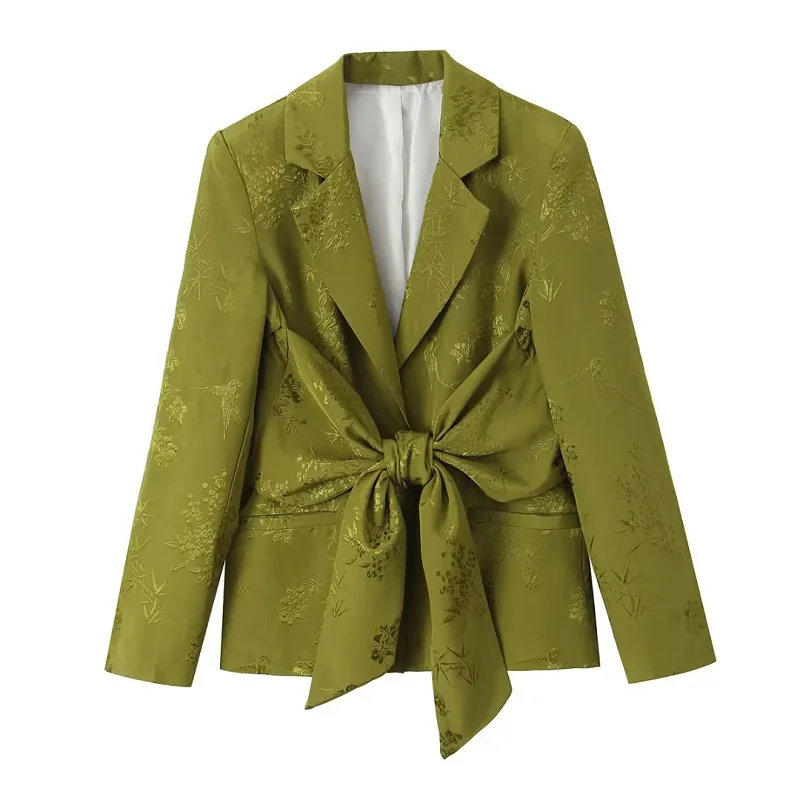 TRAF Green Floral Two Piece Set Butterfly Lace-Up Women Blazer And Loose Pocket Lady Trouser 2024 Spring Fashion Office Lady Set