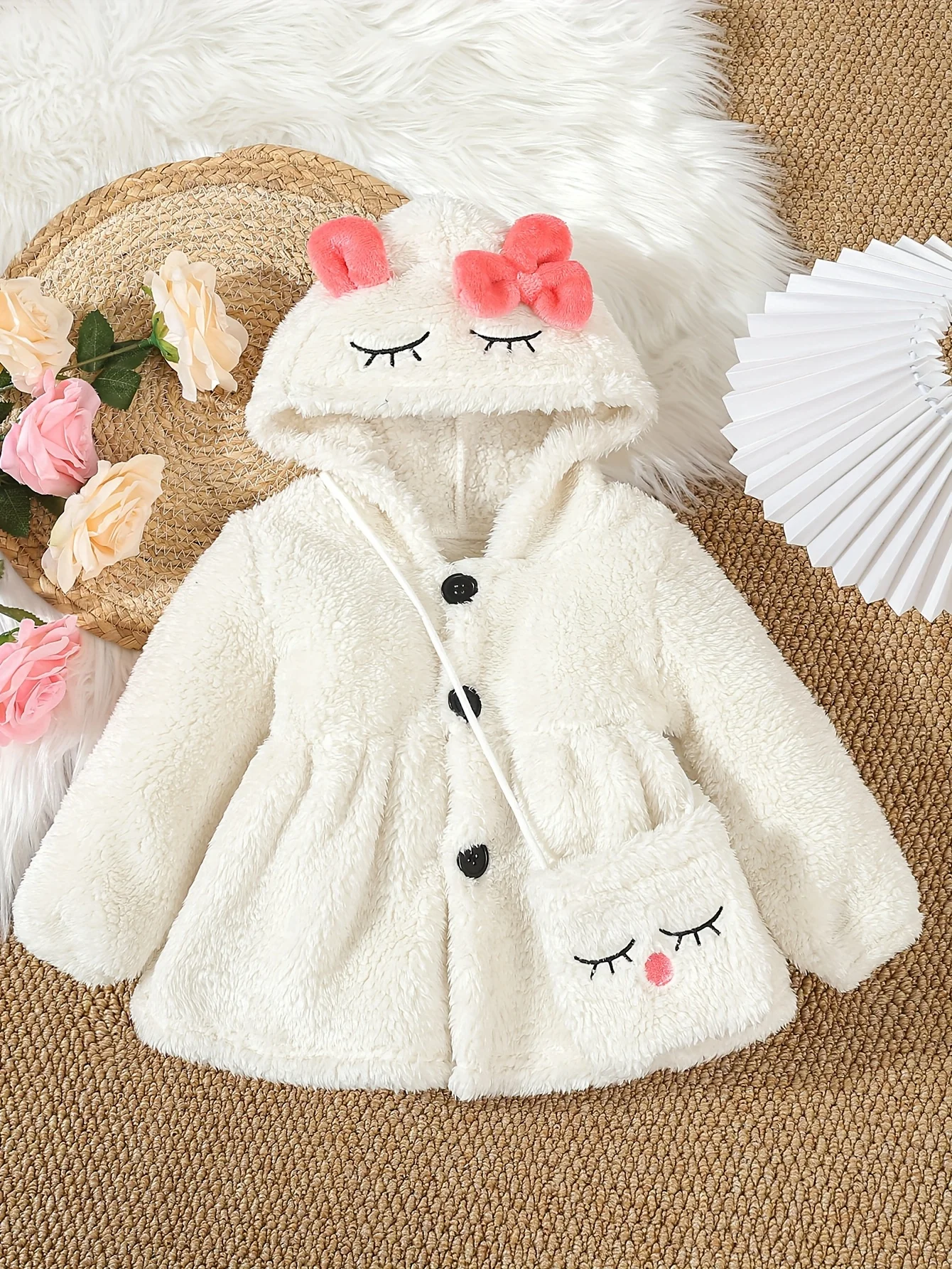 Autumn And Winter Plush Coat, Cute Baby Girl Outdoor Winter Warm Jacket + Cute Embroidered Bag 2-Piece Set