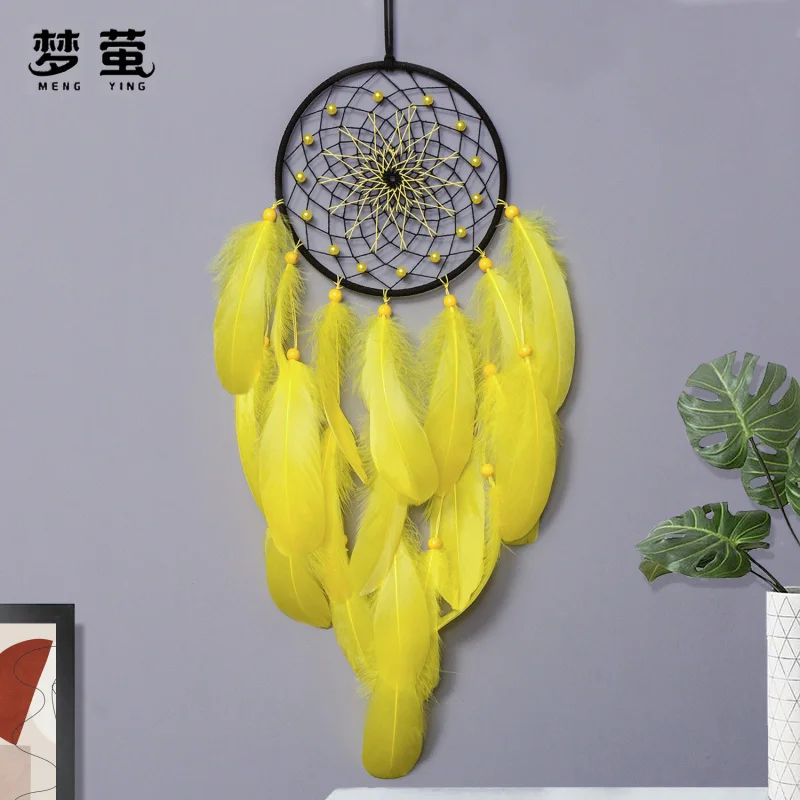 

Yellow Feather Dreamcatcher Wind Chime, Handmade Woven Wall Hanging Decor, Boho Room Ornament, Finished Craft Gift