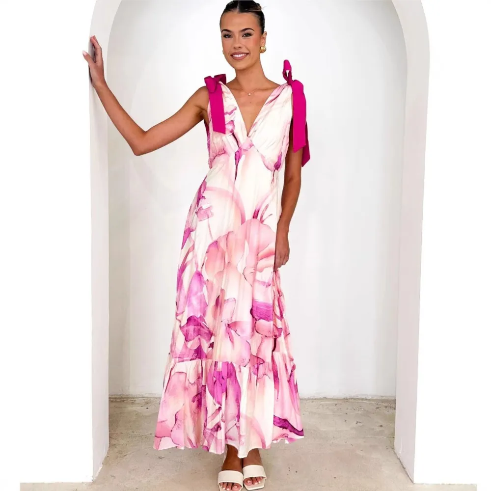 Sexy profundo decote em v sem mangas halter vestido feminino verão nova moda retalhos rendas impressão boêmio de cintura alta elegante vestido feminino