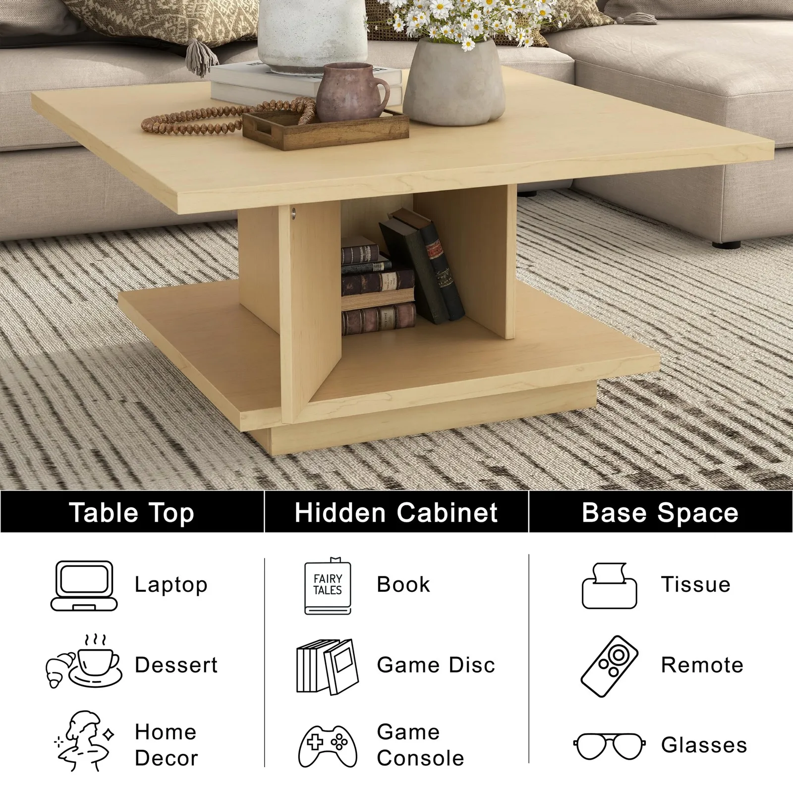 Café Tables31 Inch Square Coffee Table with Hidden Storage and Open Base Shelf Modern Design for Living Room
